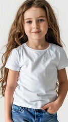Obraz premium Little girl wearing white blank green t shirt mockup for print image portrait isolated
