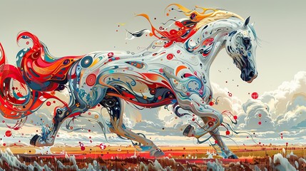 Abstract horse mural on vibrant brick canvas. Generative AI