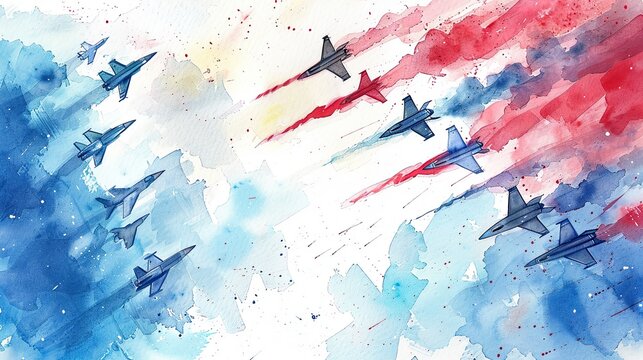 A watercolor painting of a squadron of fighter jets flying in formation, with red, white, and blue smoke.