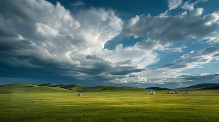 Obraz premium Ominous storm clouds looming over vibrant green hills, with traditional tents scattered in the distance
