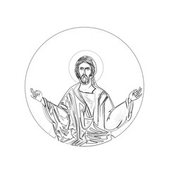 Jesus Christ. Religious coloring page in Byzantine style on white background