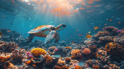 Sea turtle glides through a vibrant coral reef. Generative AI