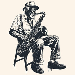An old gray-haired black man plays the blues on the saxophone,  vector illustration