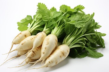 White beet root with green leaves isolated on white background.
