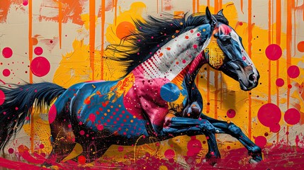 Abstract horse mural on vibrant brick canvas. Generative AI