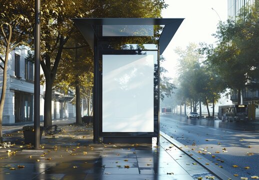 mockup, City Bus Stop with Blank Billboard on Rainy Night