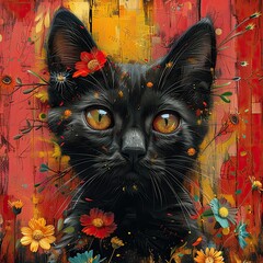 Vibrant abstract cat with piercing yellow eyes. Generative AI