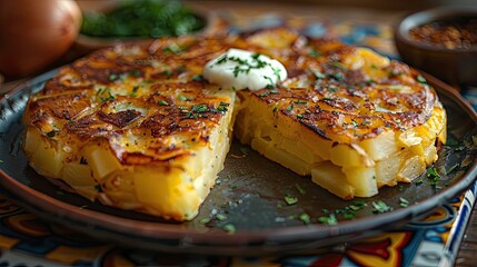 Caramelized Spanish tortilla topped with sour cream. Generative AI