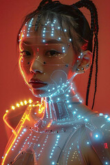 cute girl with mask on the face in red backdrop