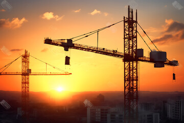 Tower crane looming over a apartment construction site at sunset, with the city skyline stretching into the horizon. Generative AI