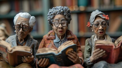 Three elderly women sit on a bench in a library, reading books.