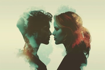 Dreamy double exposure image of a couple's intimate silhouettes merging with abstract pastel watercolor textures