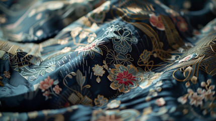 A magnified image of blue fabric with an elaborate gold floral design that showcases rich texture and artistic detail