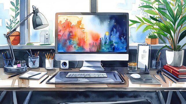 A watercolor painting of a messy desk with a computer, lamp, plants, and other office supplies.