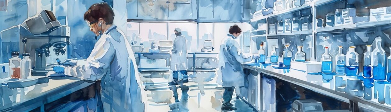 A watercolor painting of a laboratory with scientists in lab coats working at lab benches.