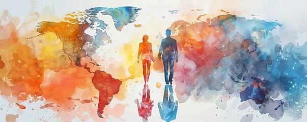 A watercolor painting of two people walking on a map of the world.