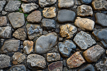 Textured surface of cobbled stones, showcasing their irregular shapes and worn surfaces. Cobbled stone textures offer a classic and timeless backdrop