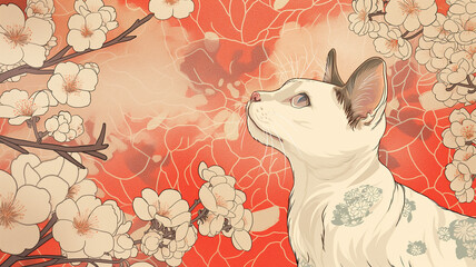 Colored drawing of cute cat and flower in Japanese style. - obrazy, fototapety, plakaty