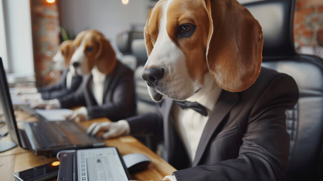 Beagle dogs dressed as businessmen working at an office desk.