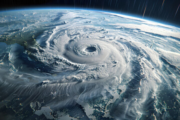 Space view of the American hurricane in Florida, showing the effects of climate change on cities of America. 3D illustration. - obrazy, fototapety, plakaty
