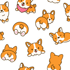Cute kawaii corgi dog. Seamless pattern. Funny puppy cartoon animal characters. Hand drawn style. Vector drawing. Design ornaments.