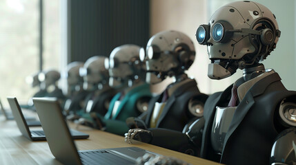 Robots in business suits attending a meeting with laptops.