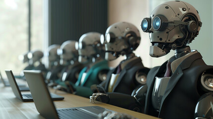 Fototapeta premium Robots in business suits attending a meeting with laptops.