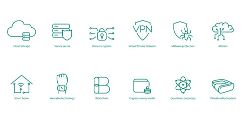 Art & IllustrationAdvanced Tech Vector Icons: Cloud Storage, Secure Network, Data Encryption, VPN, Malware Protection, AI Brain, Smart Home, Smart Wearable, Crypto Wallet, Quantum Computing, Virtual R