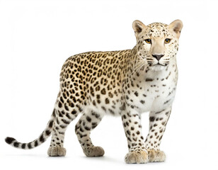 Albino Leopard stehend auf vier beinen isoliert auf weißen Hintergrund, Freisteller 