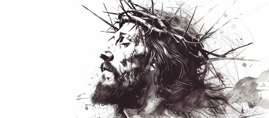 Jesus Christ, graphic portrait. Hand drawing, black and white art of a Jesus Christ