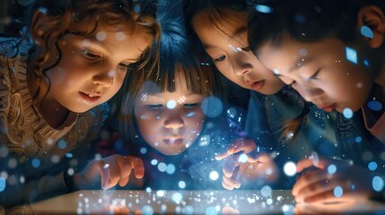 A group of children are looking at a book with a bright light shining on it.

