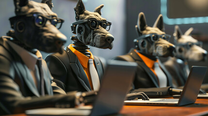 Anthropomorphic dogs in suits at a business meeting with laptops.