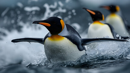 Black and white flightless birds, penguins, huddle on the icy shores of Antarctica