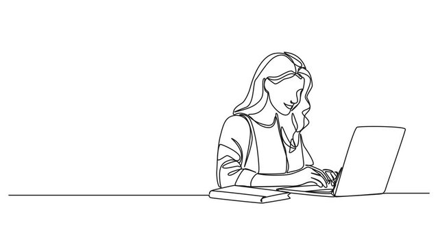 animated continuous single line drawing of female student using laptop computer, line art animation