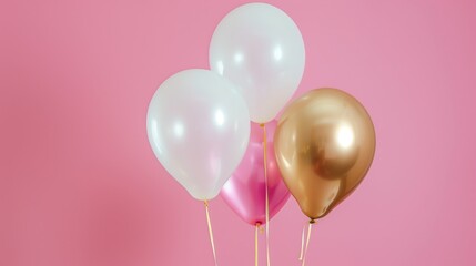 Happy birthday background with balloons in pink, white, and gold themes. banner, celebration, greeting card, background.
