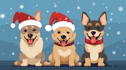Cute dogs in sweater and santa hats cartoon illustr