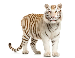 Albino Tiger stehend auf vier beinen isoliert auf weißen Hintergrund, Freisteller 
