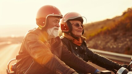 Elderly couple on a motorcycle tour, cruising on a highway with helmets