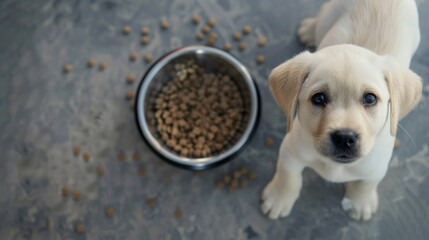 a white puppy dog a bowl filled with kibble.