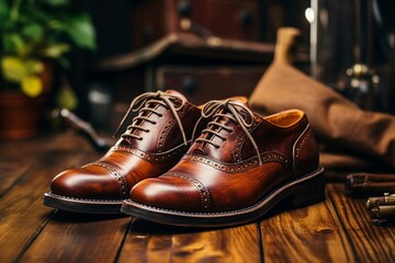 Handcrafted leather shoes on a wooden surface, closeup with emphasis on texture and quality, traditional shoemaking craftsmanship