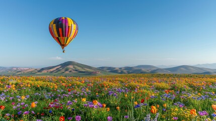 a multicolored hot air balloon above a field of flowers