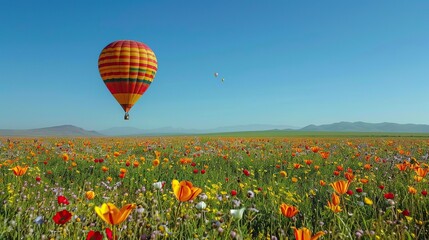 a multicolored hot air balloon above a field of flowers