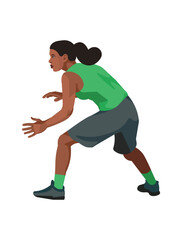 Girl figure of a dark-skinned women's basketball player in a green jersey in profile who runs with the ball
