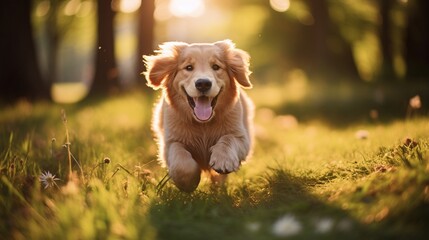 Golden retriever puppy playing in a sunny park, soft focus on vibrant green grass, joyful and carefree pet outdoors scene