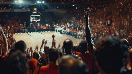 This is a photo of a basketball court during a game. There are 2 basketball hoops, one on each side of the court. There are 5 players on each team, and they are all wearing red and white uniforms. The