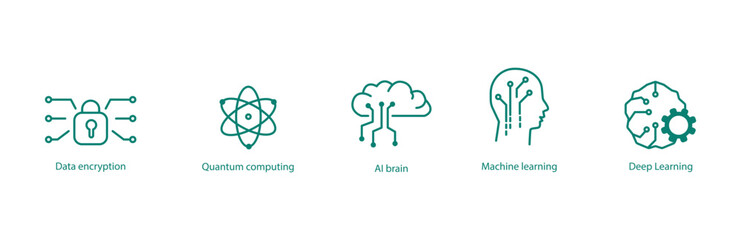 Cutting-Edge Tech Vector Icons: Data Encryption, Quantum Computing, AI Brain, Machine Learning, Deep Learning