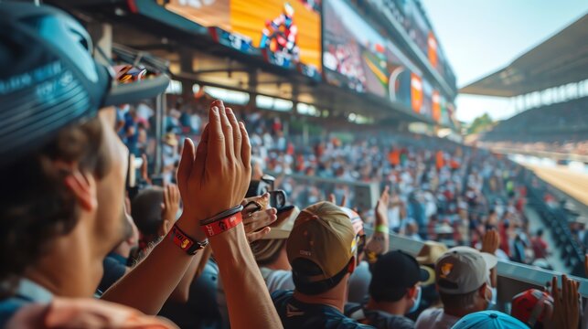 Wide-angle shot of an enthusiastic audience at a race track, clapping and shouting, a large TV screen displaying the close competition