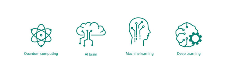 Advanced Tech Vector Icons: Quantum Computing, AI Brain, Machine Learning, Deep Learning