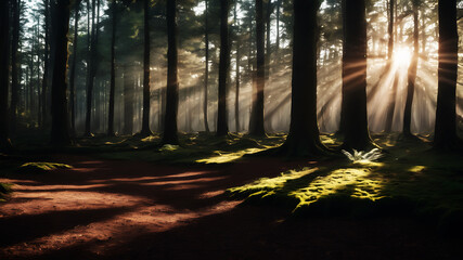 Obraz premium A peaceful woodland scene, with sunlight filtering through the trees and casting dappled shadows on the forest floor