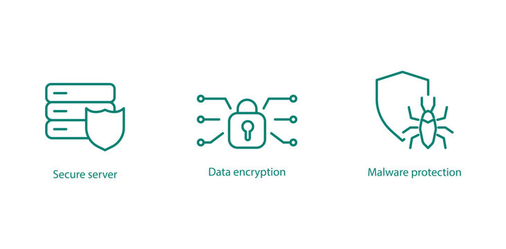 Security Tech Vector Icons: Secure Server, Data Encryption, Malware Protection